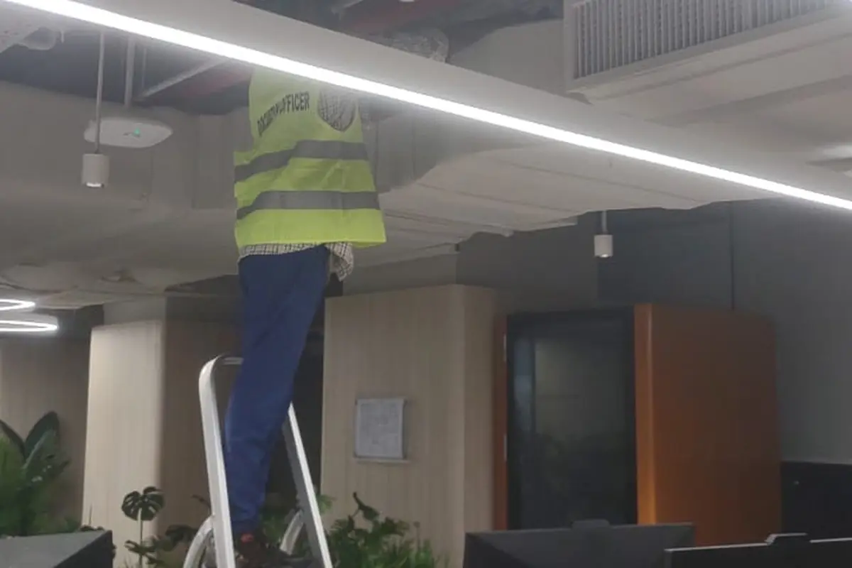 Deep cleaning at height inside a commercial building in Pakistan